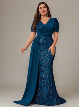 Curveins Plus Size V-Neck Sequin Patchwork Pattern Maxi Dress
