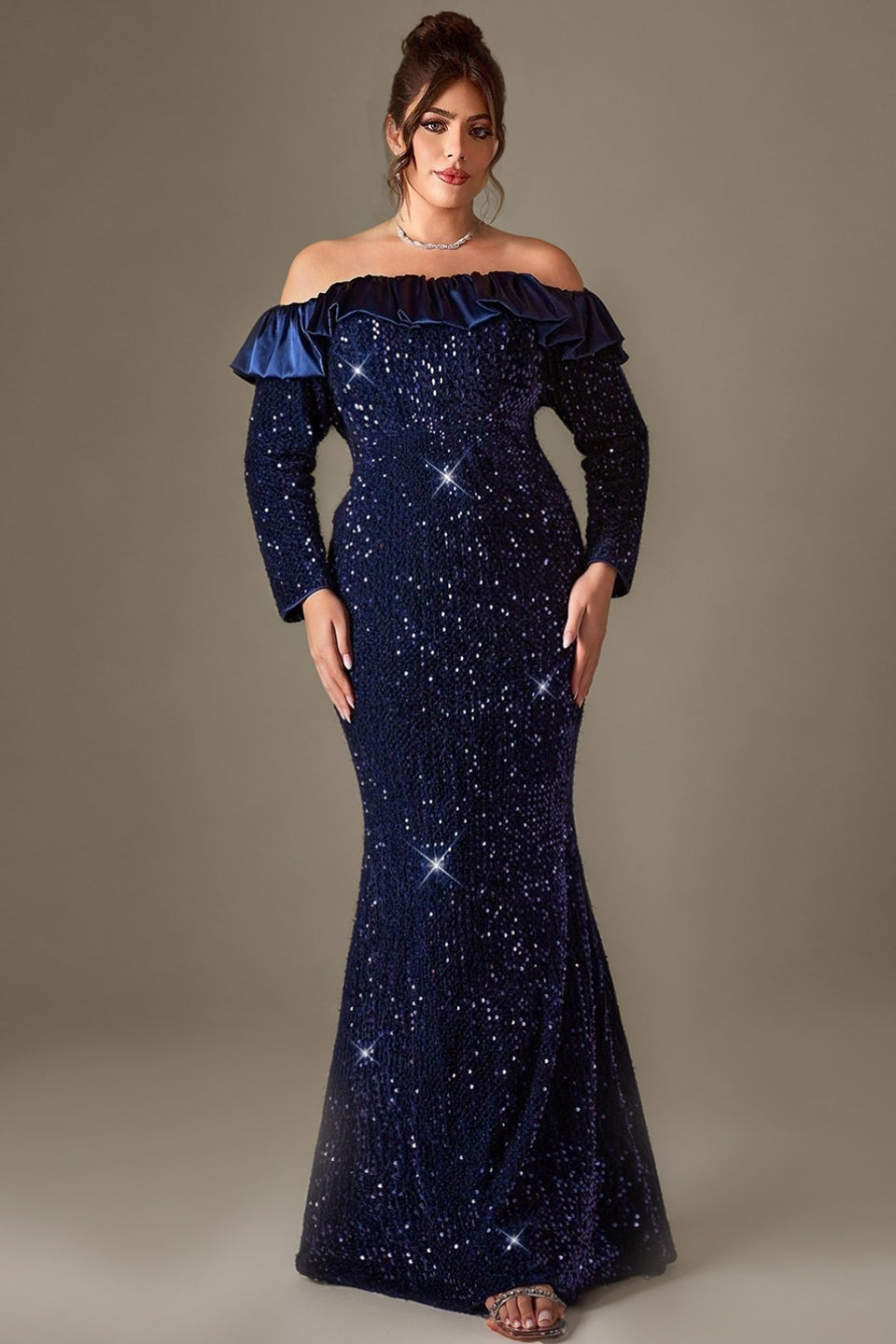 Curveins Plus Size Off-Shoulder Sparkling Sequin Fitted Mermaid Maxi Dress