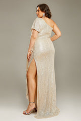 Curveins Plus Size Elegant One Shoulder Sparkle Detail Slit Party Formal Maxi Dress