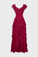Curveins Plus Size V Neck Short Sleeve Pleated Waist Flowy Tiered Maxi Dress
