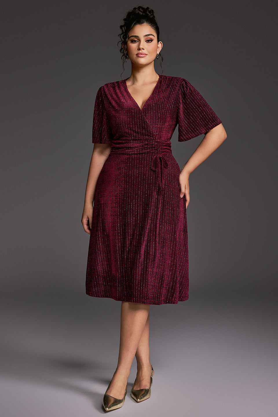 Curveins Plus Size V-Neck Short Sleeve Waist-Tie Velvet Midi Dress