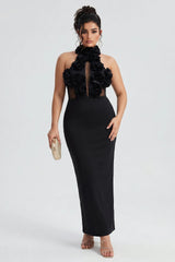 Curveins Plus Size Sexy Halter Neck Large Flower Fitted Back Slit Maxi Dress