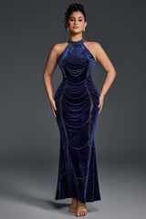 Curveins Plus Size Spaghetti Strap Sleeveless Chain Waist Bodycon Velvet Maxi Dress