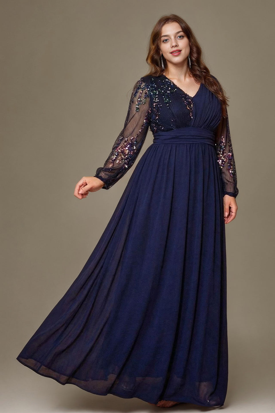Curveins Plus Size V Neck Long Sleeve Sequin Cinched Waist Elegant Maxi Dress