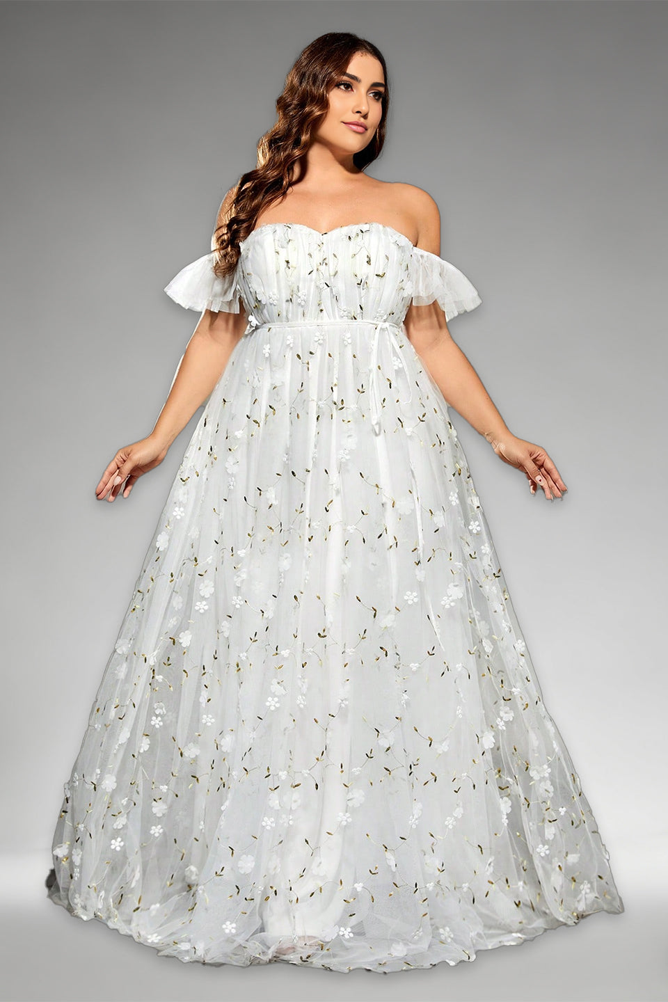 Curveins Plus Size Off-Shoulder Elegant Floral Detail Cinched-Waist Maxi Dress