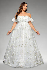 Curveins Plus Size Off-Shoulder Elegant Floral Detail Cinched-Waist Maxi Dress