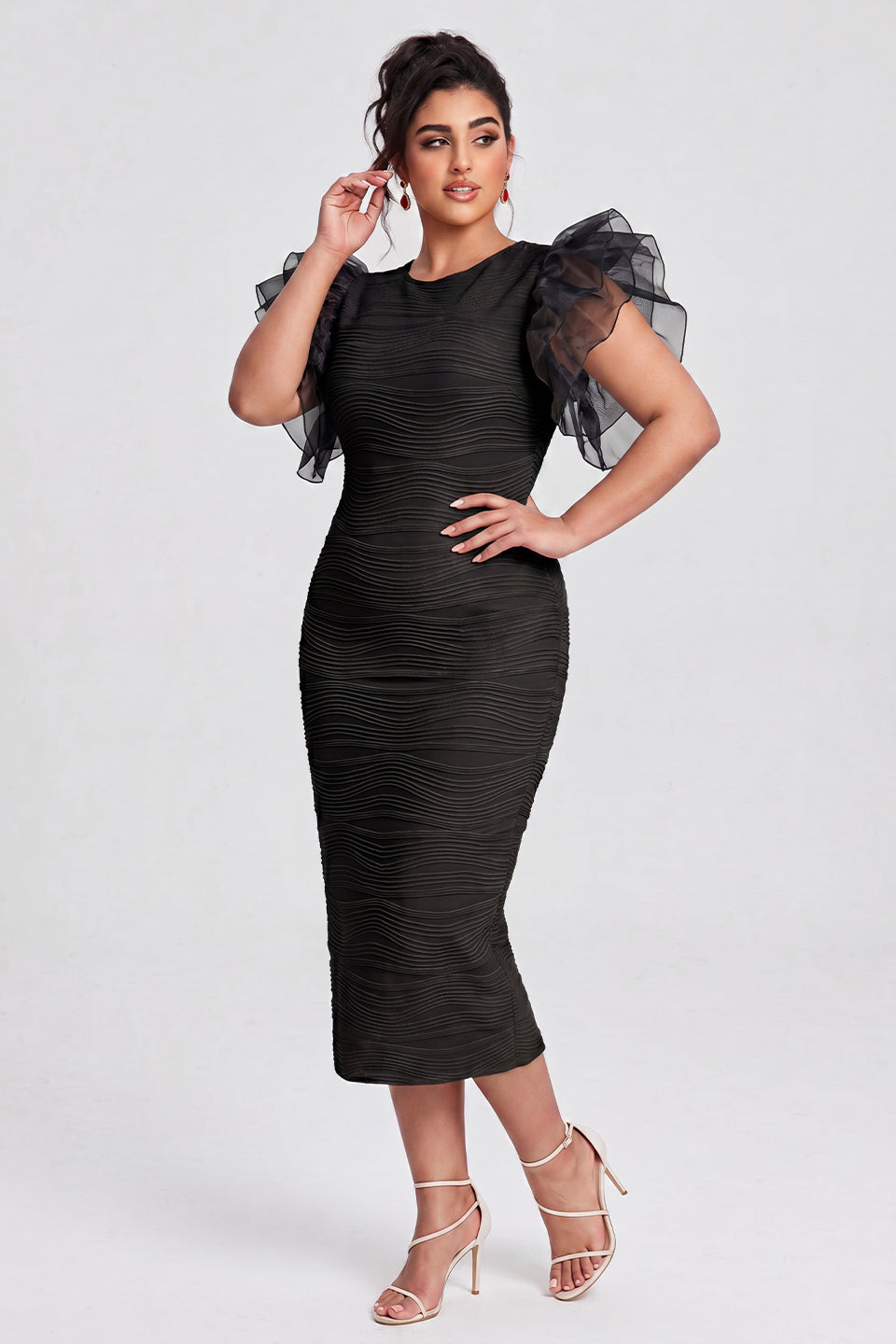 Curveins Plus Size Ruffle Sleeve Color Block Bodycon Midi Dress Elegant Fit