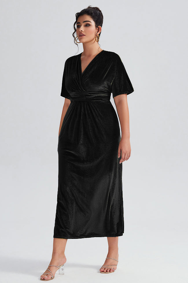 Front view of the Curveins Plus Size Elegant Velvet V-Neck Shirred Maxi Dress in black, showcasing its timeless design and elegant fit.