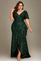 Curveins Plus Size V-Neck Short Sleeve Sequin Ruffle Slit Evening Gown