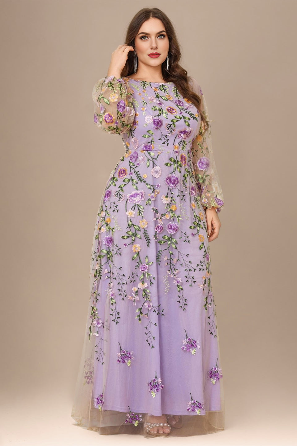 Curveins Plus Size Elegant Round Neck Long Sleeve Mesh Embroidery Maxi Dress