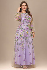 Curveins Plus Size Elegant Round Neck Long Sleeve Mesh Embroidery Maxi Dress