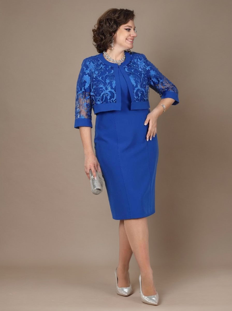 Curveins Plus Size Round Neck Two Piece Embroidered Bodycon Midi Dress