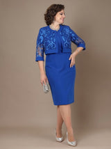 Curveins Plus Size Round Neck Two Piece Embroidered Bodycon Midi Dress