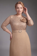 Curveins Plus Size Chic Round Neck Ruched Detail Long Sleeve Maxi Dress