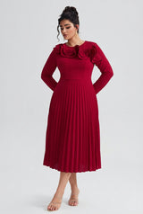 Curveins Plus Size Round-Neck Ruffled Long-Sleeve Elegant Pleated Maxi Dress
