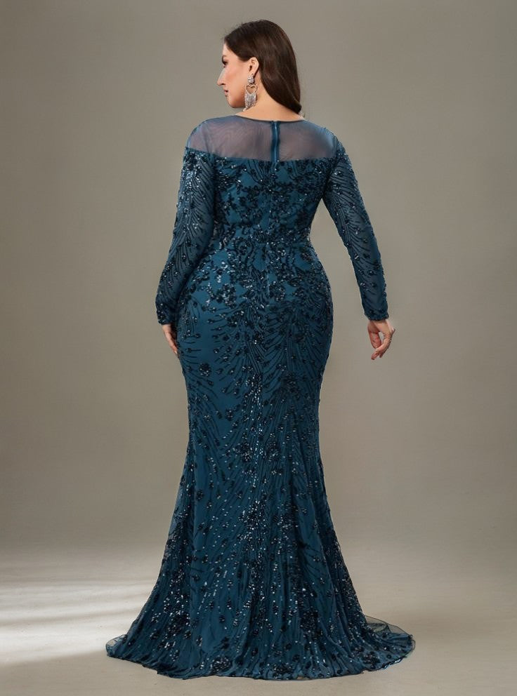 Curveins Plus Size Crew Neck Long Sleeve Floral Sequin Bodycon Slit Maxi Dress