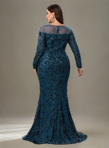 Curveins Plus Size Crew Neck Long Sleeve Floral Sequin Bodycon Slit Maxi Dress
