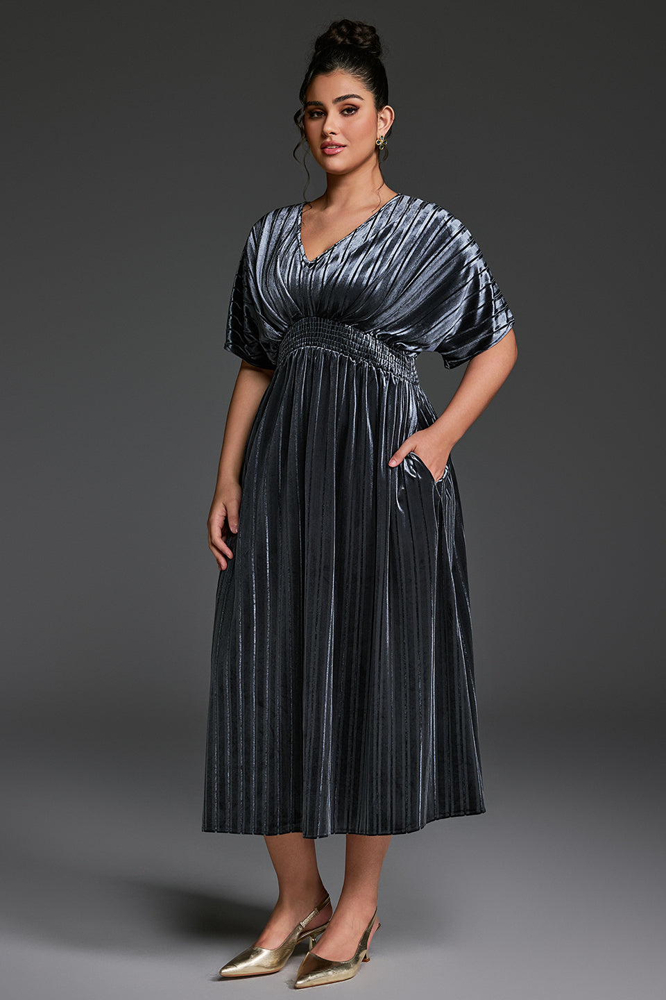 Curveins Plus Size V-Neck Batwing Sleeve Pleated A-Line Velvet Midi Dress