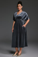 Curveins Plus Size V-Neck Batwing Sleeve Pleated A-Line Velvet Maxi Dress