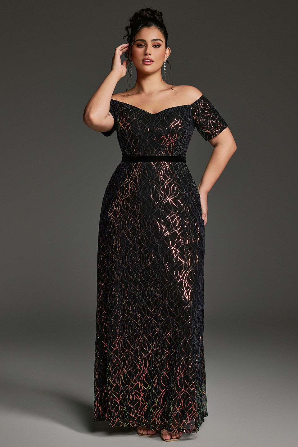 Curveins Plus Size Off-Shoulder Waist Cinched Striped Sequin Maxi Evening Dress