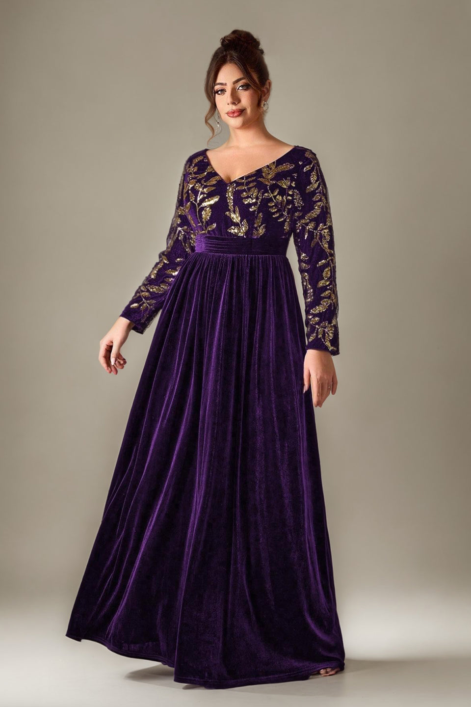 Curveins Plus Size V-Neck Long Sleeve Sequin Floral Embellished Velvet Evening Gown