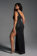 Curveins Plus Size Glamorous One-Shoulder Rhinestone High-Slit Maxi Dress