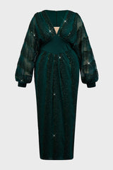 Curveins Plus Size V-Neck Sequin Balloon Sleeve Back-Slit Elegant Evening Maxi Dress