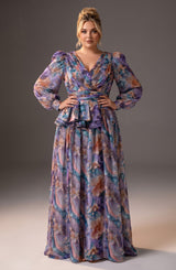Curveins Plus Size V Neck Floral Long Sleeve Ruched Waist Elegant Maxi Dress