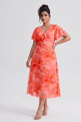 Curveins Plus Size V Neck Batwing Sleeve Flowy Elegant Midi Dress