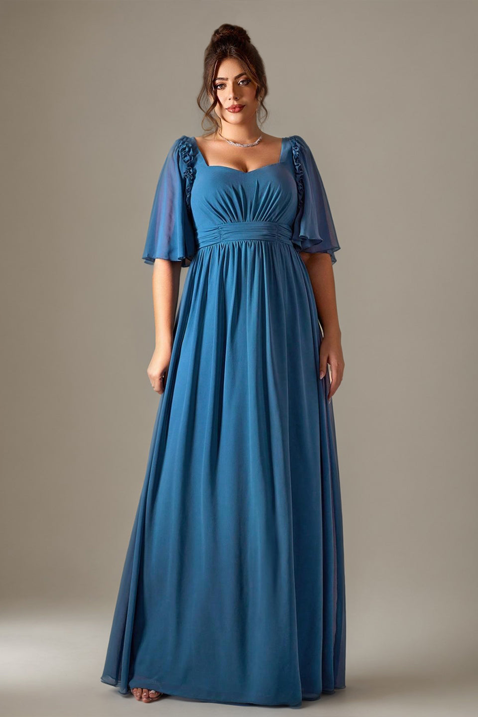 Curveins Plus Size Shoulder-Detail Batwing Sleeve Waist-Defined Elegant Maxi Dress