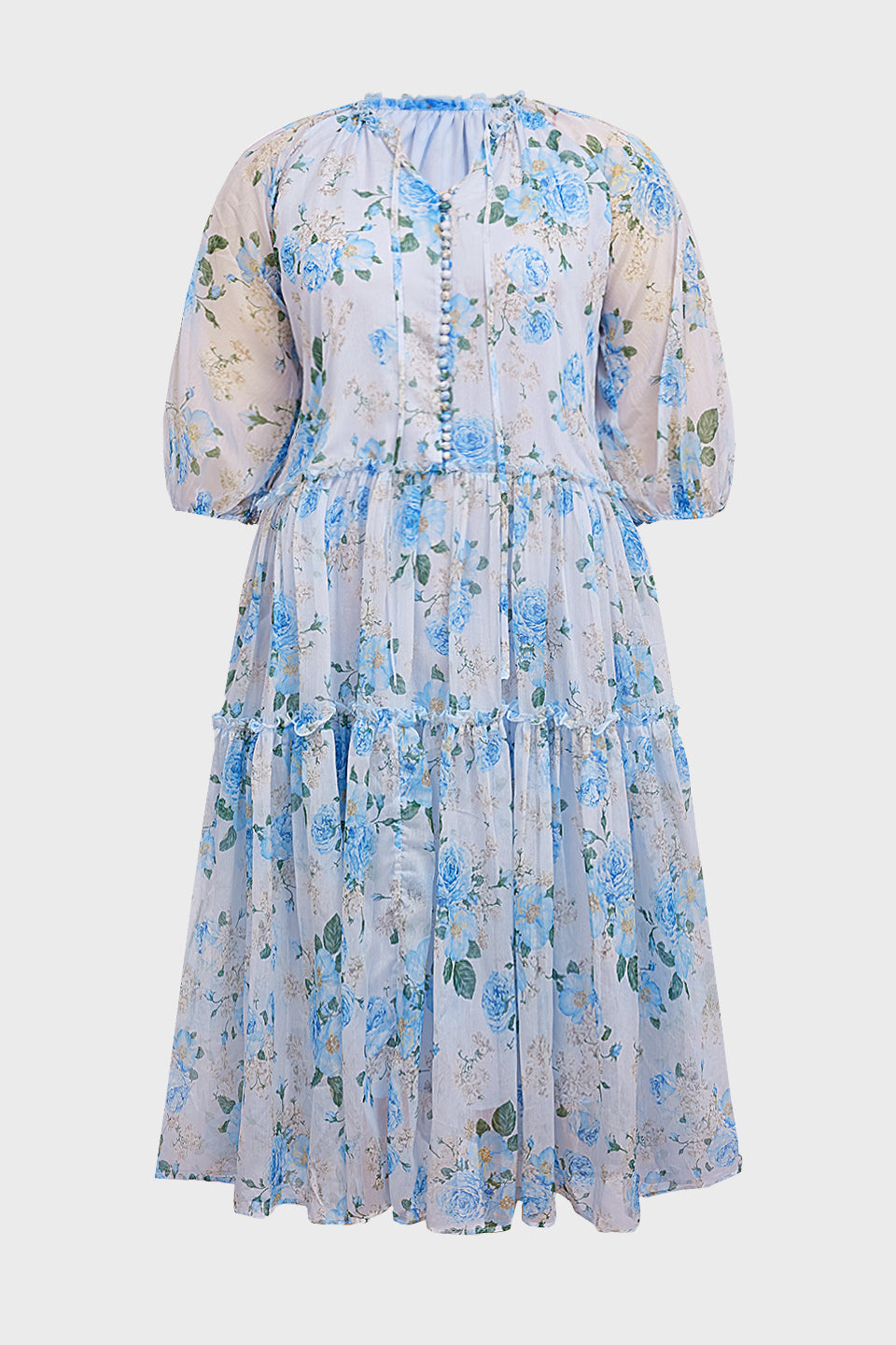 Curveins Plus Size Round Neck Floral Wrap Waist Tiered Maxi Dress