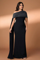 Curveins Plus Size Asymmetric One-Shoulder Rhinestone Detail Dress