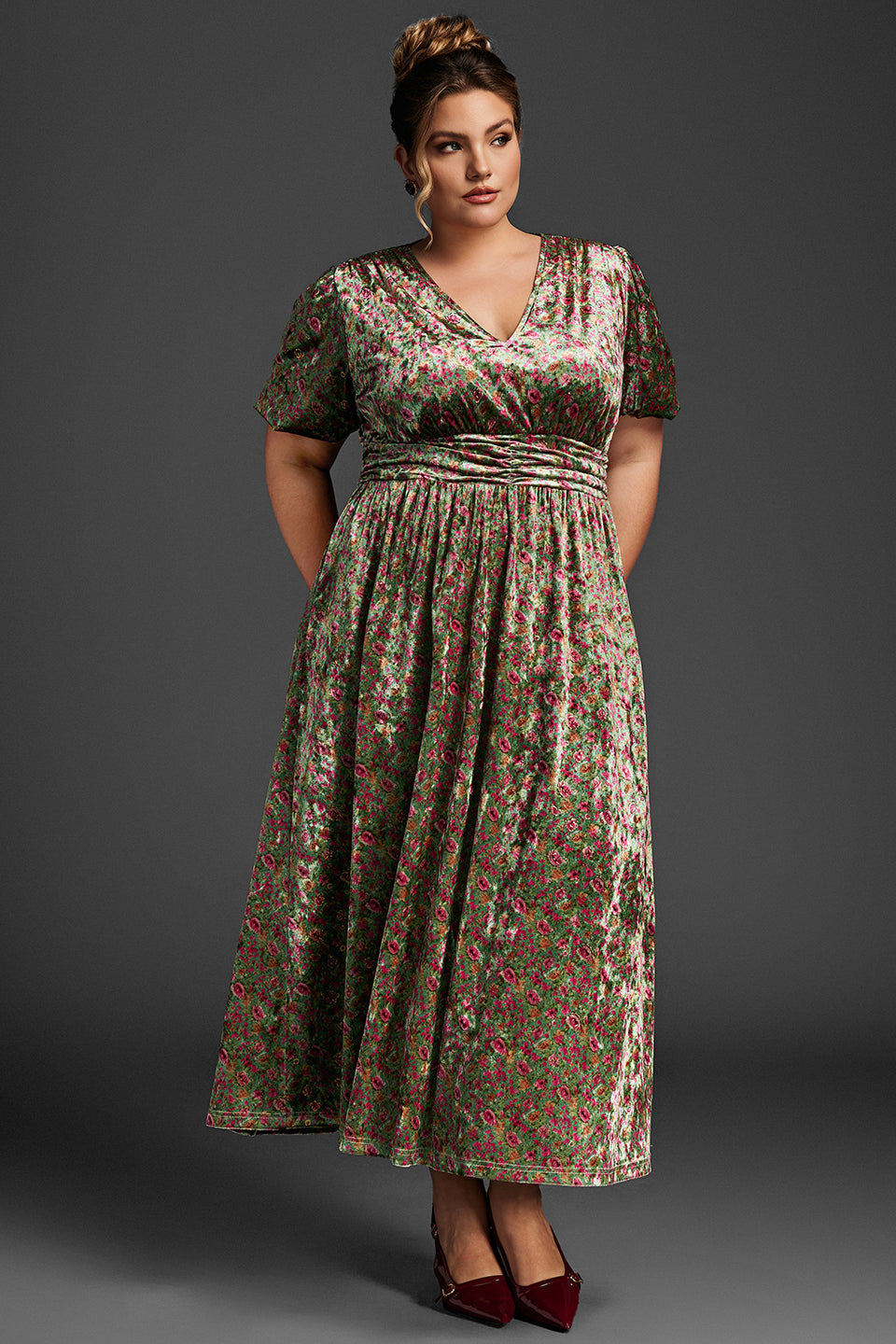 Curveins Plus Size Velvet Floral Puff Sleeves V-Neck Ruched Maxi Dress