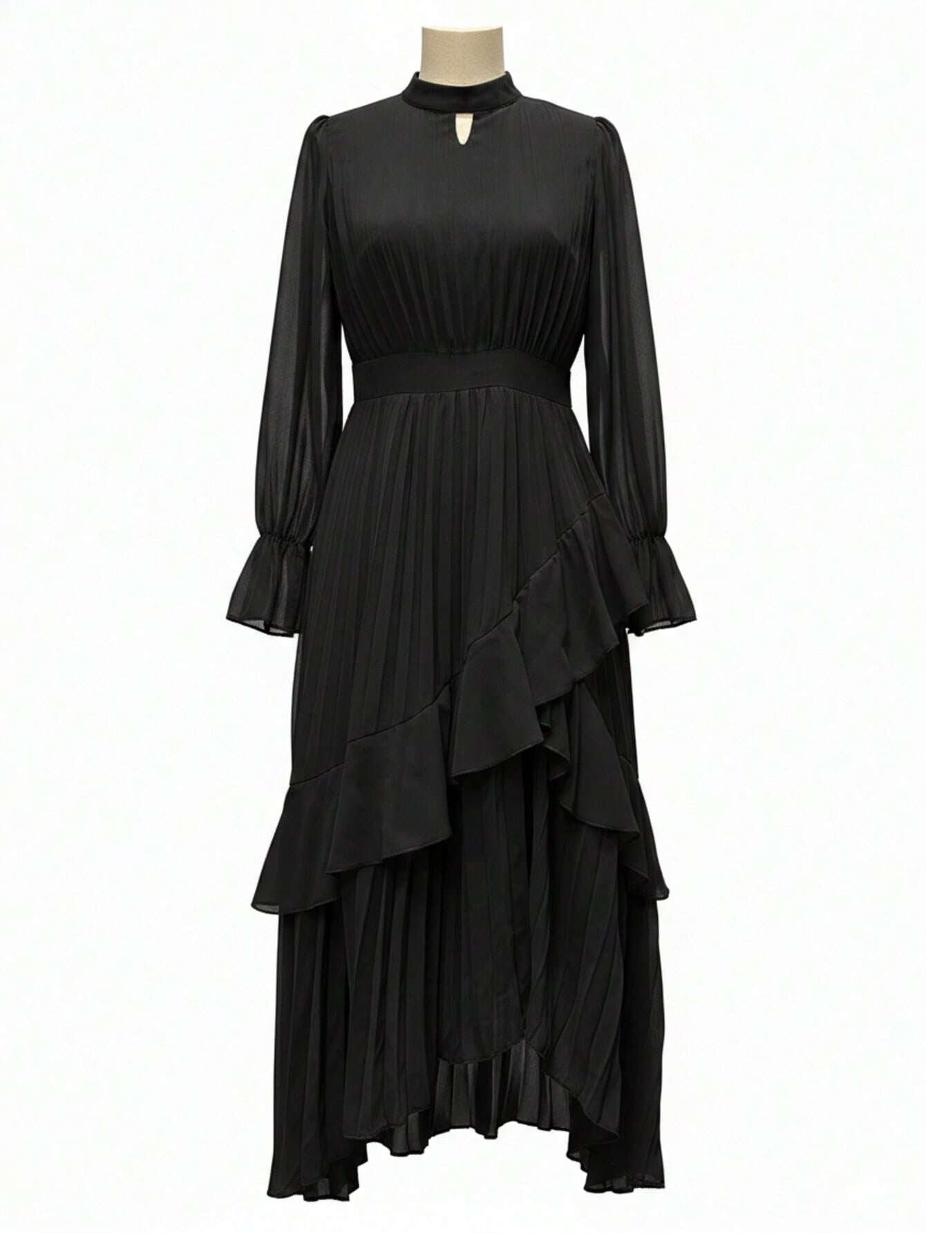 Curveins Plus Size Long Sleeve Ruffle Detail Pleated Asymmetrical Hem Midi Dress
