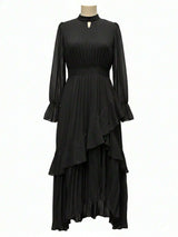 Curveins Plus Size Long Sleeve Ruffle Detail Pleated Asymmetrical Hem Midi Dress