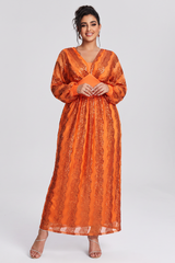 Curveins Plus Size V-Neck Sequin Balloon Sleeve Back-Slit Elegant Evening Maxi Dress