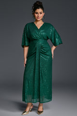 Curveins Plus Size Solid Color V-Neck High Waist Sequin Maxi Dress