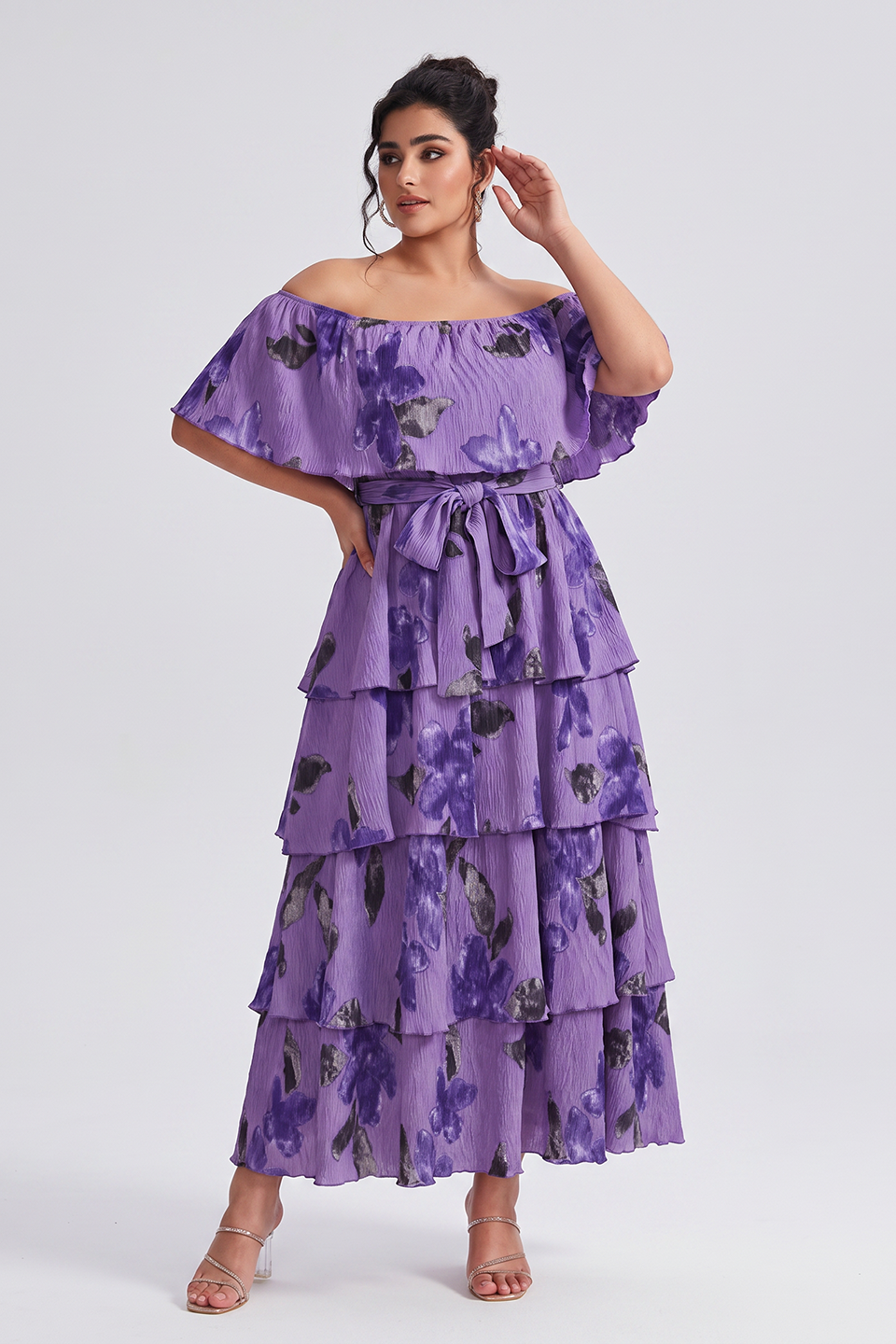 Curveins Plus Size Off-Shoulder Pleated Tiered Floral Maxi Dress