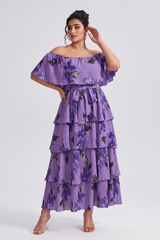Curveins Plus Size Off-Shoulder Pleated Tiered Floral Maxi Dress
