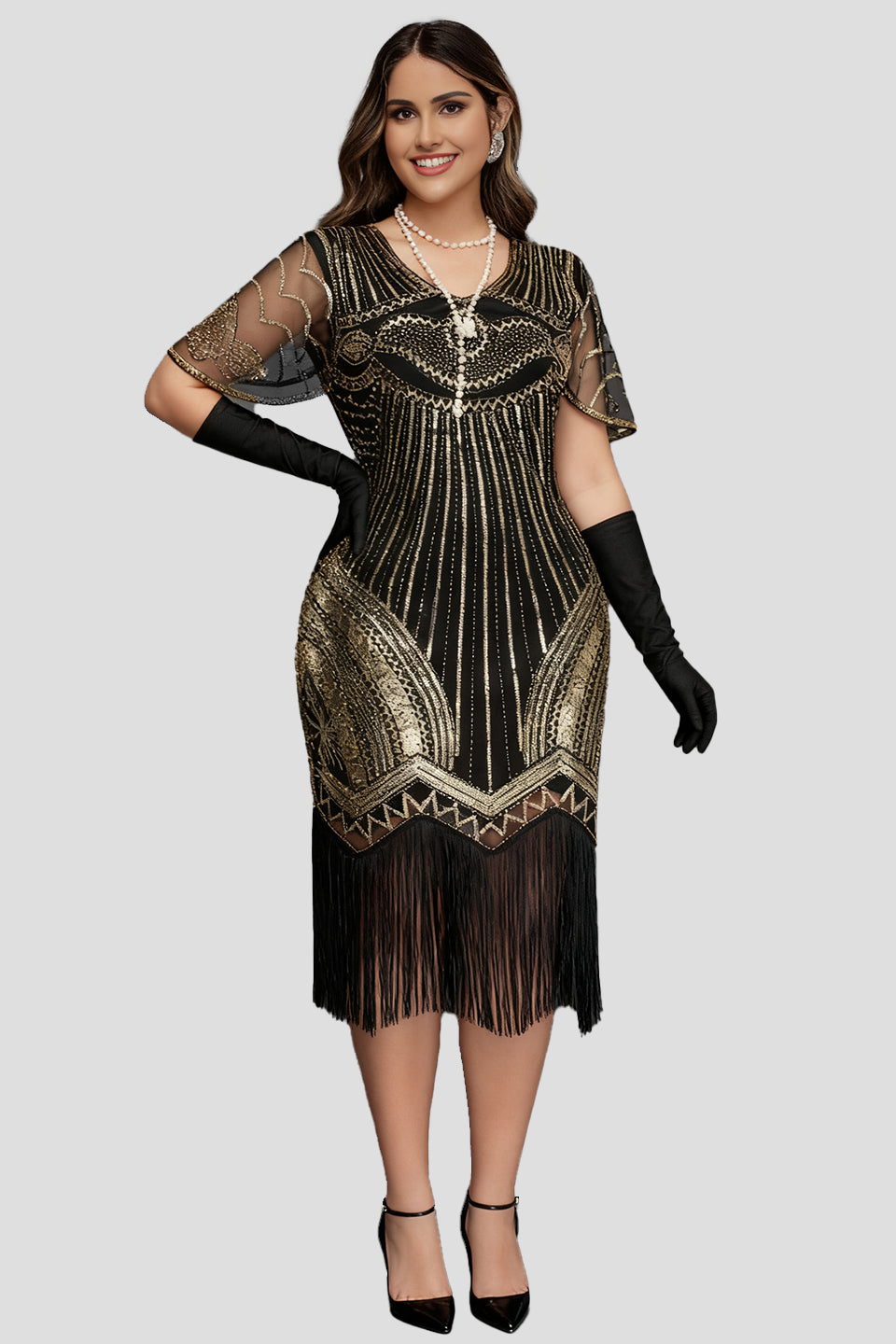 Curveins 1920s Gold Ruby Plus Size Striped Sequin Fringe Flapper Midi Dress
