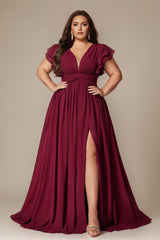 Curveins Plus Size V-Neck Ruffle Sleeve Split A-Line Maxi Dress