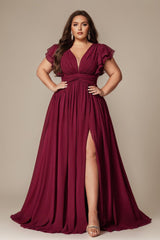 Curveins Plus Size V-Neck Ruffle Sleeve Split A-Line Maxi Dress