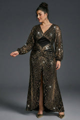 Curveins Plus Size Elegant V-Neck Sequin Lantern Sleeve Long Dress
