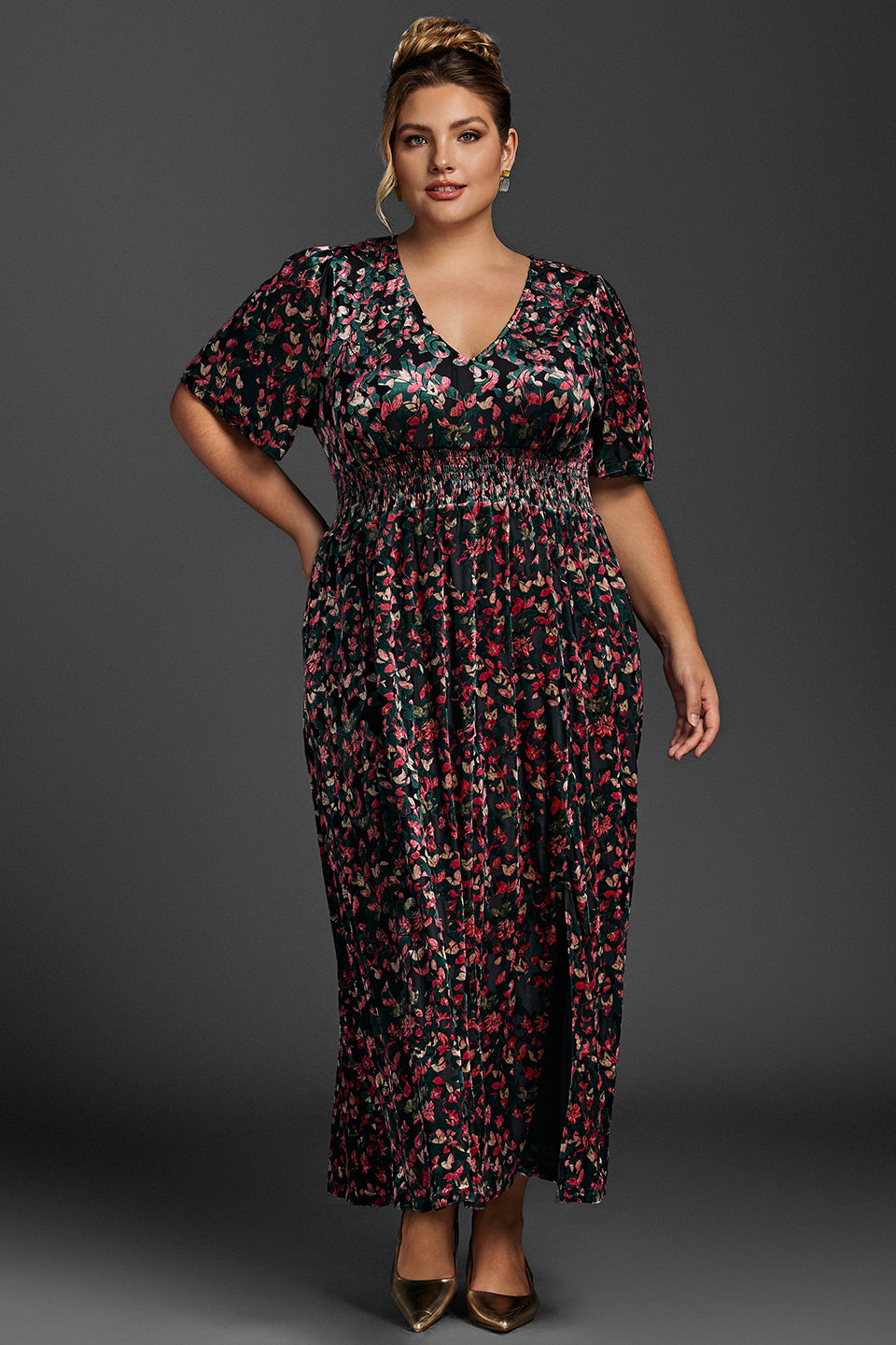 Curveins Plus Size Black Floral Velvet Maxi Dress