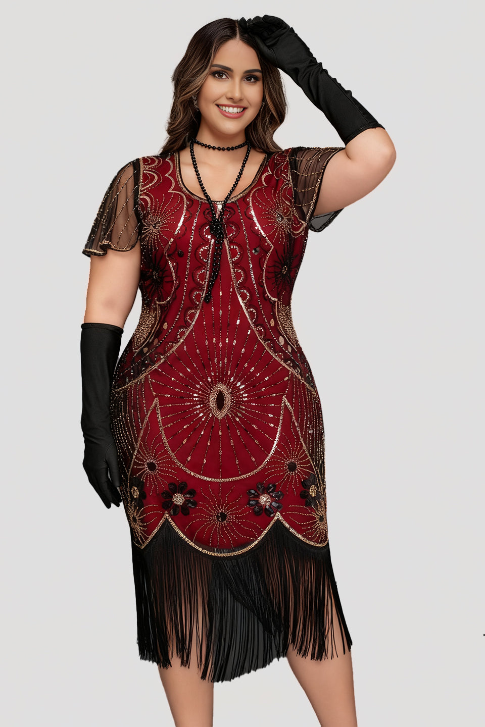 Curveins 1920s Black Daisy Plus Size Vintage Beaded Tassel Flapper Dress