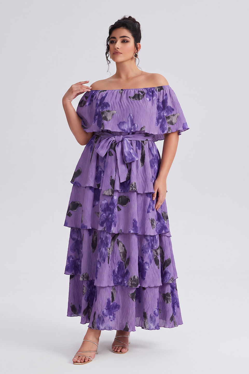Curveins Plus Size Off-Shoulder Pleated Tiered Floral Maxi Dress