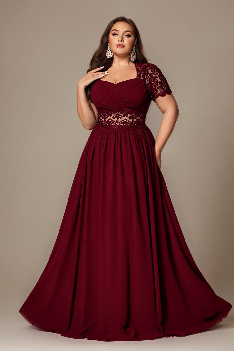 Curveins Plus Size Strapless Embroidered Short Sleeve Waist Cinch A-Line Maxi Dress