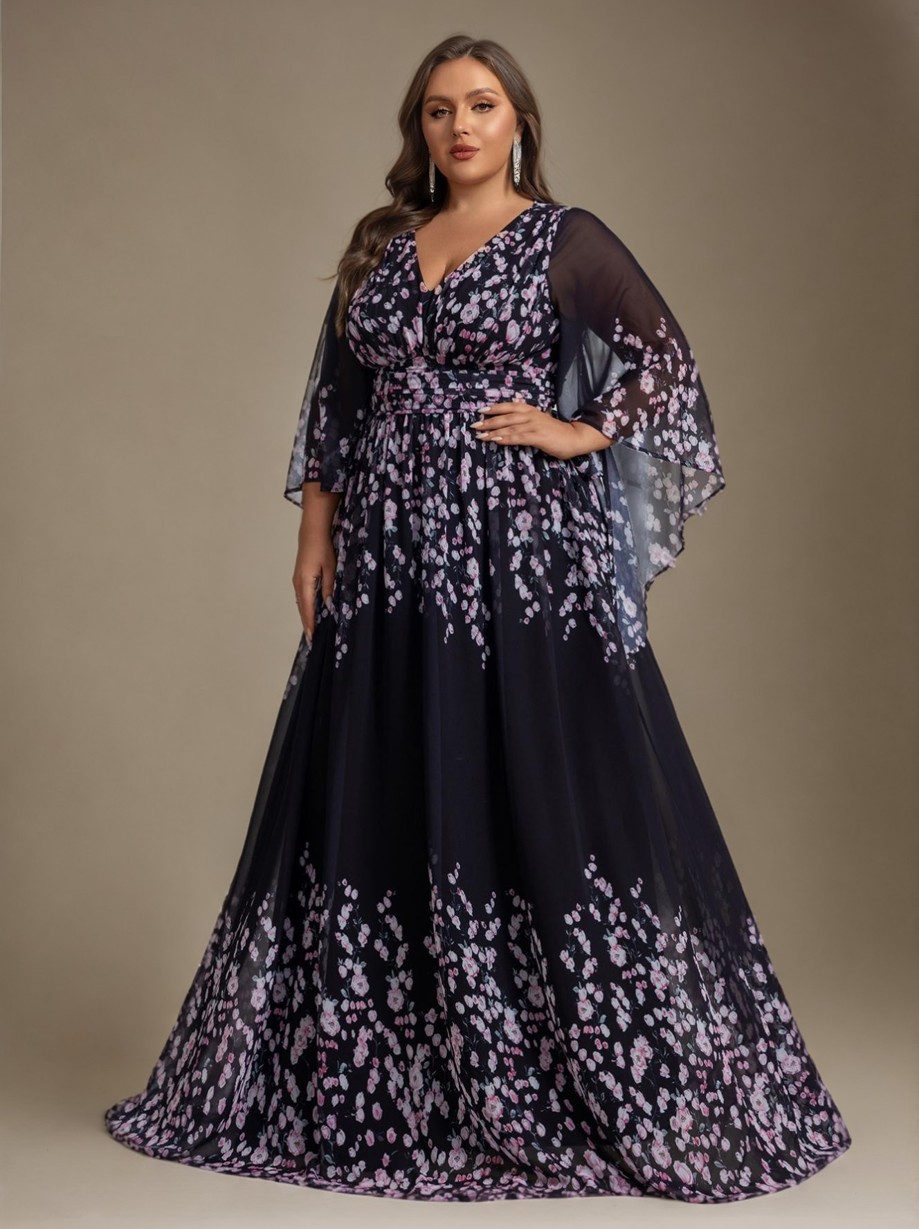 Curveins Elegant Plus Size V-Neck Batwing Sleeve Long Dress with Floral Print