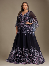 Curveins Elegant Plus Size V-Neck Batwing Sleeve Long Dress with Floral Print