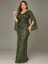 Curveins Plus Size V-Neck Long Sleeves Sequin Floral Bodycon Maxi Dress